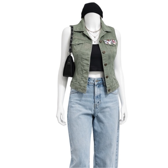 Dolled Up Army Fatigue Green Rhinestone Pocketed Vest - Picture 3 of 15